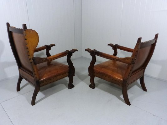 Antique Leather Armchairs with Carps Print, 1890s, Set of 2-TU-1709109