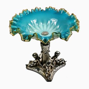 Antique Louis Philippe Style French Silver Plated and Blue Opaline Glass Centerpiece-QRS-578359