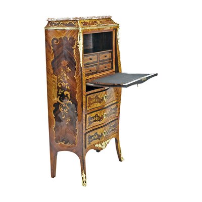 Antique Louis XV Style French Rosewood and Brass Secretaire with Marble Top-WFJ-721955