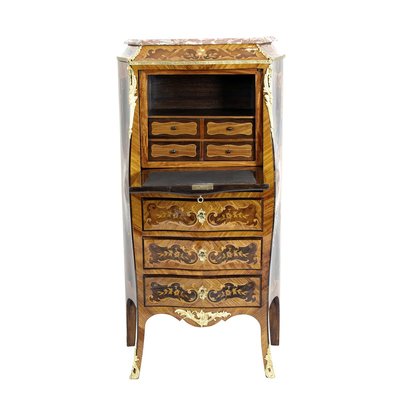 Antique Louis XV Style French Rosewood and Brass Secretaire with Marble Top-WFJ-721955