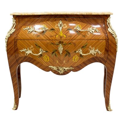 Antique Louis XV Style Rosewood and Brass Chest of Drawers with Marble Top-WFJ-722046