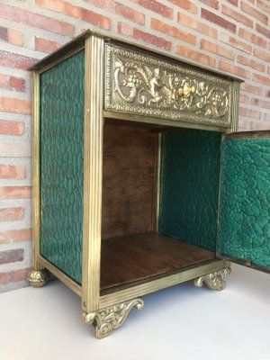 Antique Louis XVI Bronze Vitrine Nightstands with Green Glass Doors and Drawer, Set of 2-NOU-686583