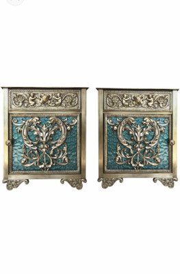 Antique Louis XVI Bronze Vitrine Nightstands with Green Glass Doors and Drawer, Set of 2-NOU-686583