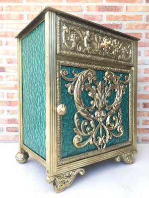 Antique Louis XVI Bronze Vitrine Nightstands with Green Glass Doors and Drawer, Set of 2-NOU-686583