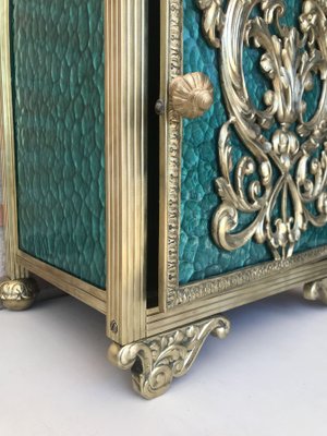 Antique Louis XVI Bronze Vitrine Nightstands with Green Glass Doors and Drawer, Set of 2-NOU-686583