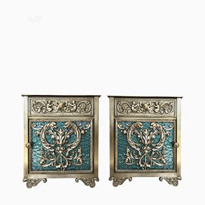 Antique Louis XVI Bronze Vitrine Nightstands with Green Glass Doors and Drawer, Set of 2-NOU-686583