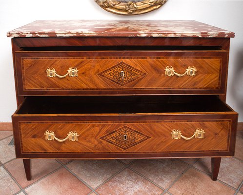 Antique Louis XVI Neapolitan Chest of Drawers in Exotic Woods with Marble Top-KKK-1285348