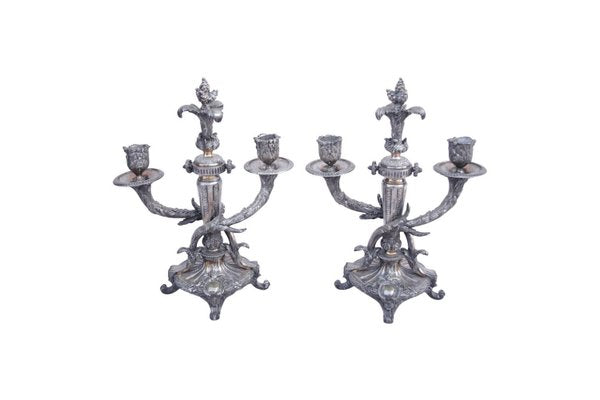 Antique Louis XVI Silver-Plated Metal Candleholders, Set of 2-CEJ-488263