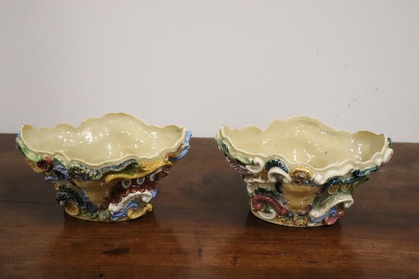 Antique Majolica Wall Vases, Late 19th Century, Set of 2-DCO-1793135