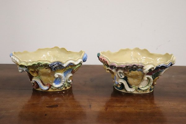 Antique Majolica Wall Vases, Late 19th Century, Set of 2-DCO-1793135