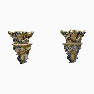 Antique Majolica Wall Vases, Late 19th Century, Set of 2-DCO-1793135