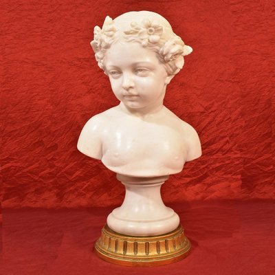 Antique Marble Statue, Bust of Young Girl with Flower Wreath, 19th-Century-YVI-1005595