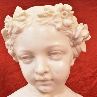 Antique Marble Statue, Bust of Young Girl with Flower Wreath, 19th-Century-YVI-1005595