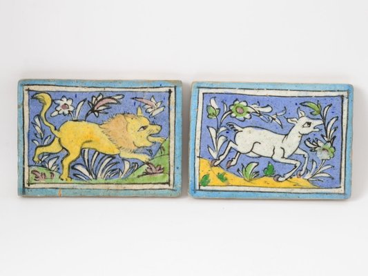 Antique Middle Eastern Qajar Dynasty Pottery Tiles, Set of 2-IXK-949696