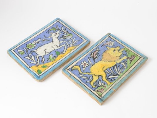 Antique Middle Eastern Qajar Dynasty Pottery Tiles, Set of 2-IXK-949696