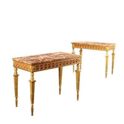 Antique Neoclassical Style Consoles in Carved Wood & Marble, 20th Century, Set of 2-VMM-2023857