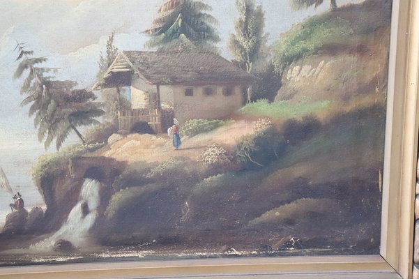 Antique Oil Painting on Canvas Depicting Lake Landscape-DCO-1031244