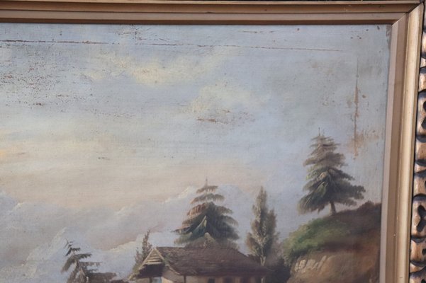 Antique Oil Painting on Canvas Depicting Lake Landscape-DCO-1031244