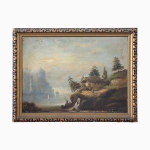 Antique Oil Painting on Canvas Depicting Lake Landscape-DCO-1031244