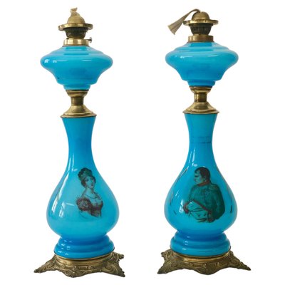 Antique Opaline Glass Oil Table Lamps Depicting Napoleon and Josephine, 1890s, Set of 2-BAF-1401469