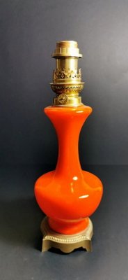 Antique Orange Opaline Glass and Gilded Brass Petroleum Lamp-QRS-681331