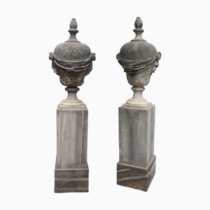 Antique Outdoor Stone Amphoras or Vases on Pedestals, Portugal, 18th Century, Set of 2-TCS-1393506