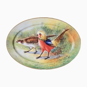 Antique Porcelain Hand-Painted Oval Serving Dish with Hunting Birds from Limoges-DVX-1287010