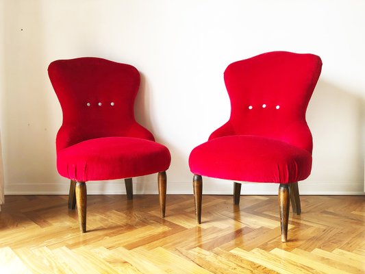 Antique Red Velvet Lounge Chairs, 1900s, Set of 2-OLY-1254287