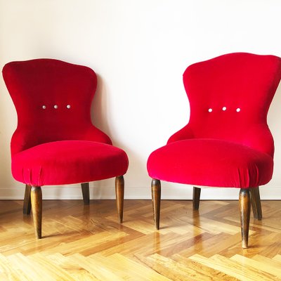 Antique Red Velvet Lounge Chairs, 1900s, Set of 2-OLY-1254287