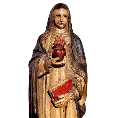 Antique Religious Carved Statue of Virgin with Sacred Heart and Book, Spain, 19th Century-TCS-1816431