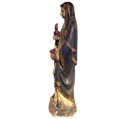 Antique Religious Carved Statue of Virgin with Sacred Heart and Book, Spain, 19th Century-TCS-1816431