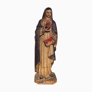 Antique Religious Carved Statue of Virgin with Sacred Heart and Book, Spain, 19th Century-TCS-1816431