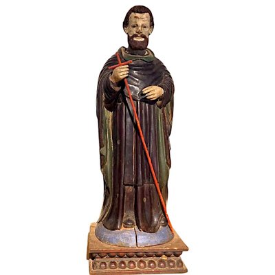 Antique Religious Sculpture of a Saint with Remains of Polychrome and Cane Cross, Spain, 19th Century-TCS-1816427