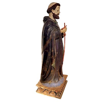 Antique Religious Sculpture of a Saint with Remains of Polychrome and Cane Cross, Spain, 19th Century-TCS-1816427