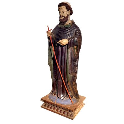 Antique Religious Sculpture of a Saint with Remains of Polychrome and Cane Cross, Spain, 19th Century-TCS-1816427