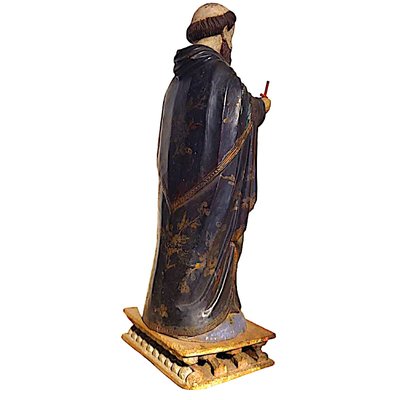 Antique Religious Sculpture of a Saint with Remains of Polychrome and Cane Cross, Spain, 19th Century-TCS-1816427