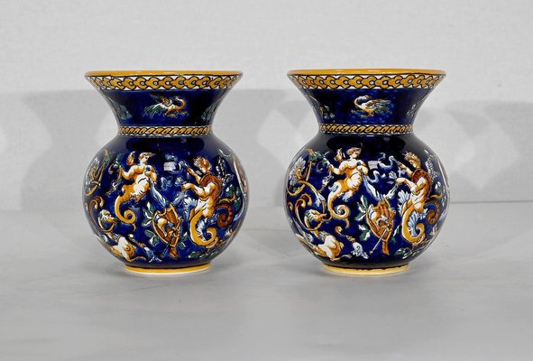 Antique Renaissance Style Tray and Vases in Gien Earthenware, Set of 3-RVK-1372859