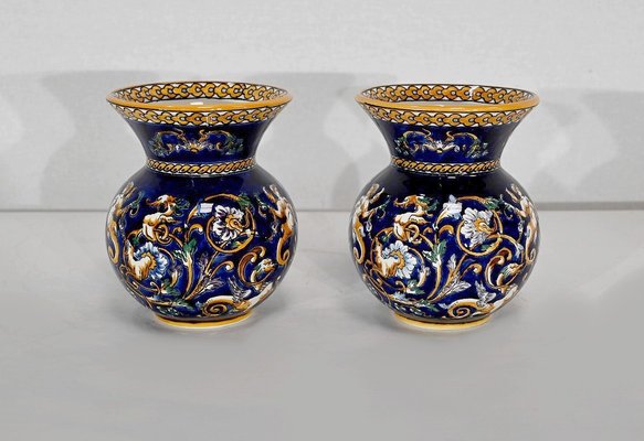 Antique Renaissance Style Tray and Vases in Gien Earthenware, Set of 3-RVK-1372859