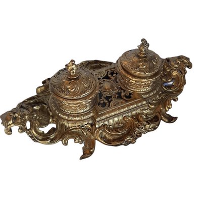 Antique Rococo Gilt Gold Brass Double Inkwell Desk Set-TCS-1122314