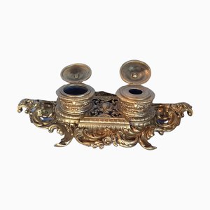 Antique Rococo Gilt Gold Brass Double Inkwell Desk Set-TCS-1122314