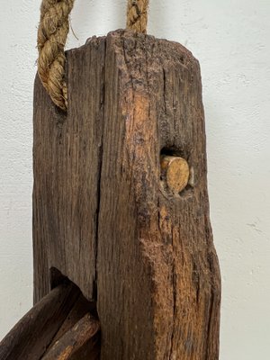 Antique Rustic Weathered Wooden Pulley with Rope, 1890s-WZZ-1819436