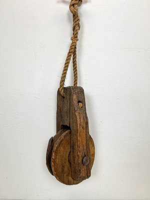 Antique Rustic Weathered Wooden Pulley with Rope, 1890s-WZZ-1819436