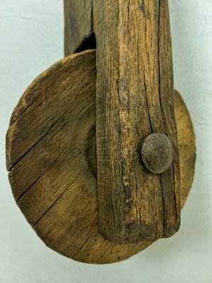 Antique Rustic Weathered Wooden Pulley with Rope, 1890s-WZZ-1819436