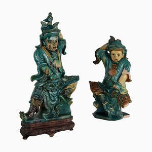 Antique Sculptures Chinese Warriors in Stoneware, Set of 2-VMM-2023817