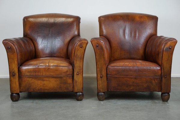 Antique Sheep Leather Armchairs, Set of 2-HPP-1824155