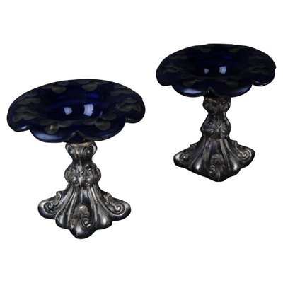 Antique Silver Caviar Bowls in Blue Glass, Set of 2-FLW-1823374