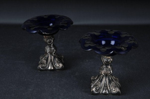 Antique Silver Caviar Bowls in Blue Glass, Set of 2-FLW-1823374