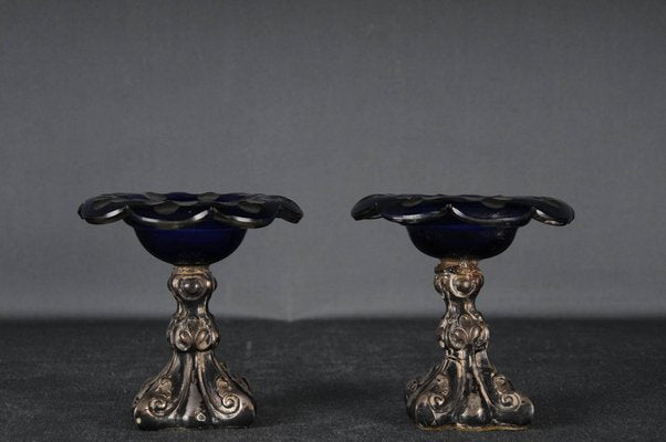 Antique Silver Caviar Bowls in Blue Glass, Set of 2-FLW-1823374