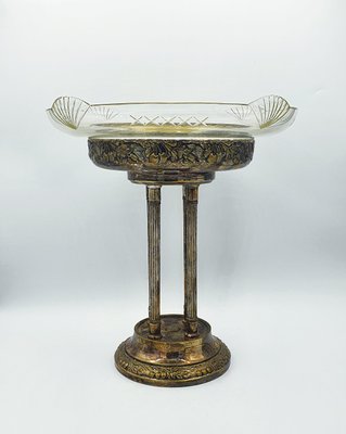 Antique Silver-Plated Metal Centerpiece with Glass Bowl-OZS-1388770