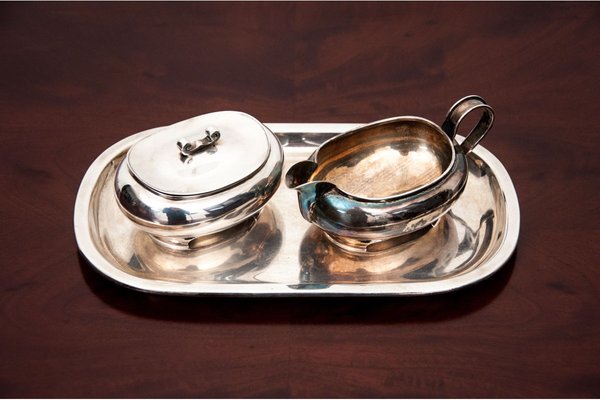 Antique Silver Tray with Sugar Bowl and Milk Jug, Set of 3-BXB-1427503